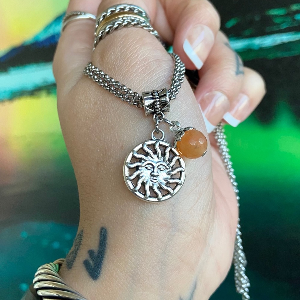 Stainless steel double chain sun charm & carnelian - Picture 2 of 10